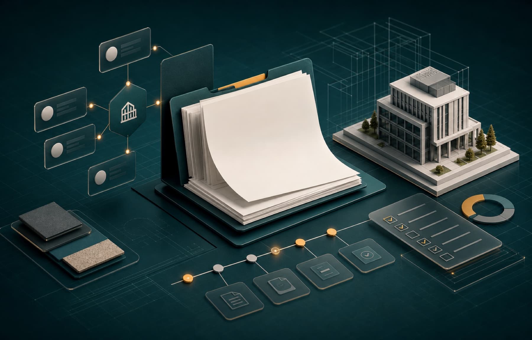 Illustrazione digitale di documenti di gara, rete di partner e modello architettonico