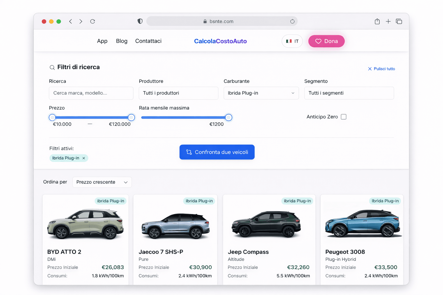 Pagina filtri avanzati CalcolaCostoAuto
