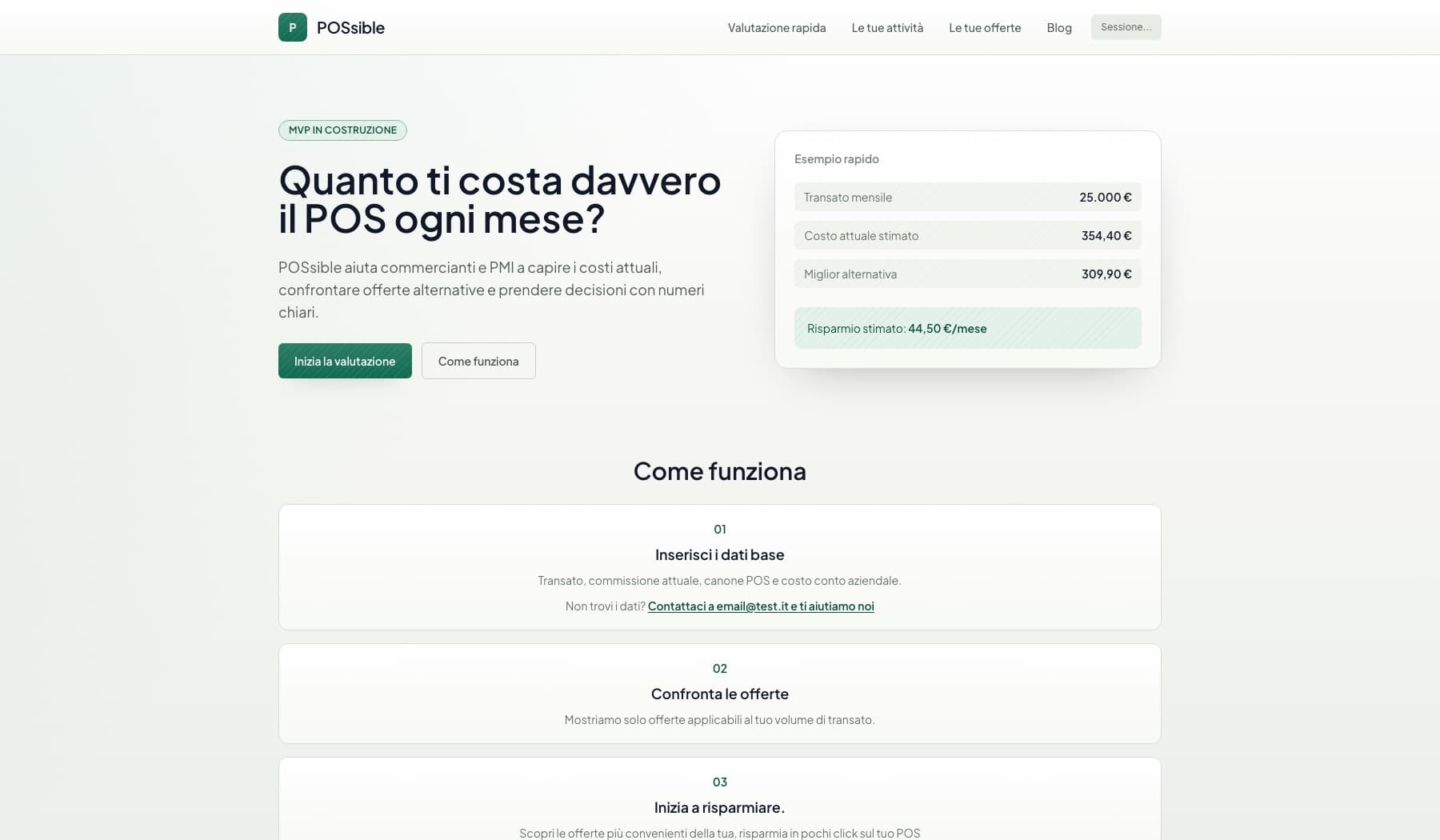 Homepage ScegliPOS con esempio di valutazione rapida dei costi