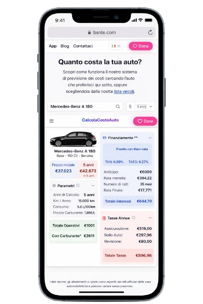 Vista mobile di CalcolaCostoAuto